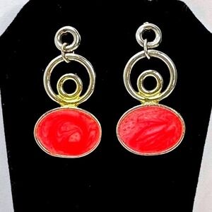 Red Oval Dangle Earrings Silver Tone Statement Jewelry